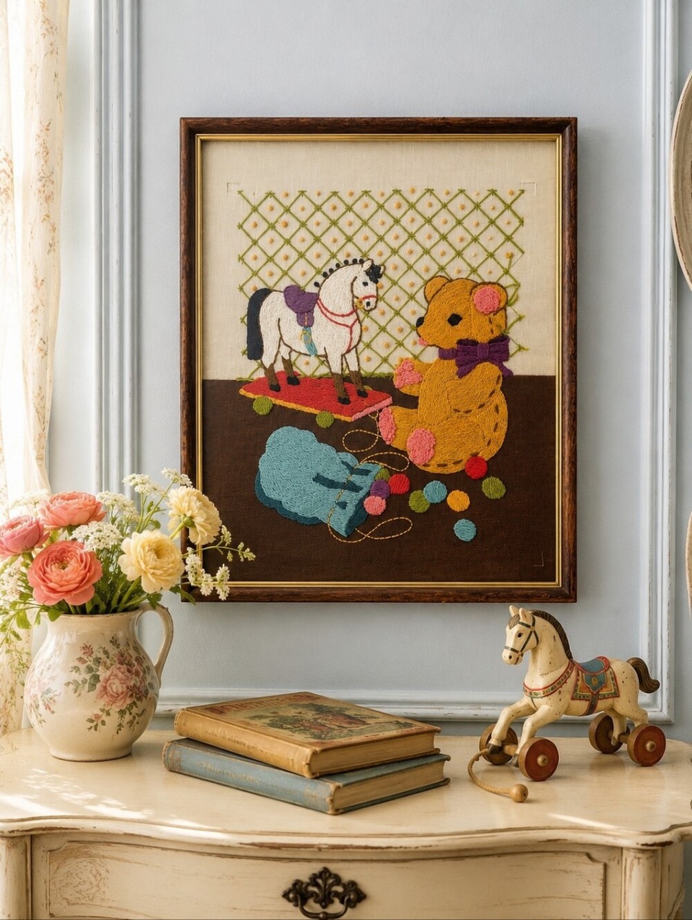 Vintage Crewel Embroidery Teddy Bear Horse Folk Art Framed 12x15